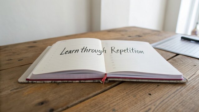 Open notebook with the phrase 'Learn through Repetition' written in elegant script on a rustic wooden table in a bright and inviting study environment