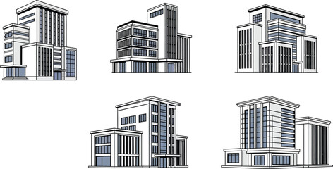 Fototapeta premium Set of six modern architectural building facades in black and white line art illustration