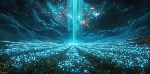 Obraz premium vast field of glowing blue flowers under a dramatic starry and cloudy sky pierced by a vertical beam of light, evoking awe and tranquil wonder