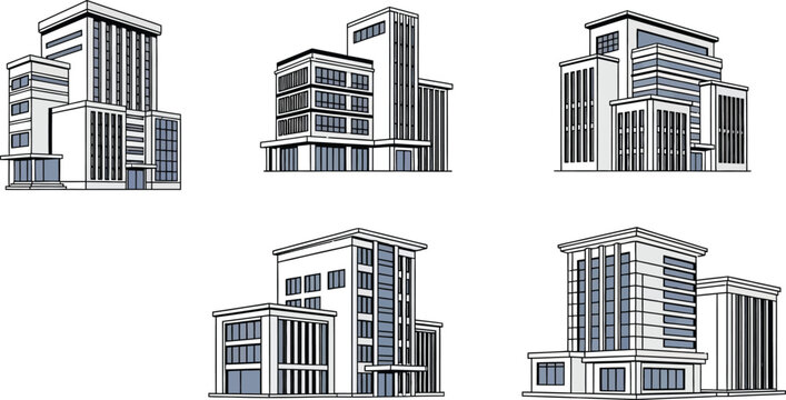 Set of six modern architectural building facades in black and white line art illustration