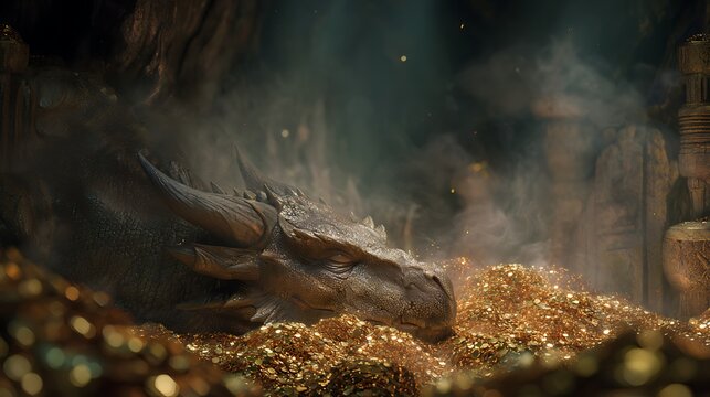 Sleeping dragon head resting on a massive hoard of gold coins
