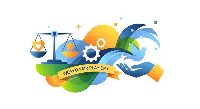 World fair play day concept with scales and dove illustration