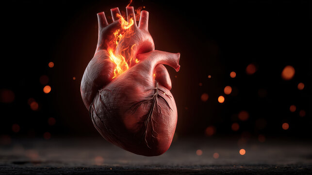 Anatomical heart floating in dark fire glow, realistic human organ with dramatic ember light