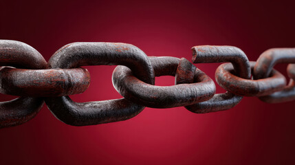 Fototapeta premium Rusty metal chain close up isolated on red background strong link texture industrial metal chain linked steel corrosion surface heavy chain chain link macro view
