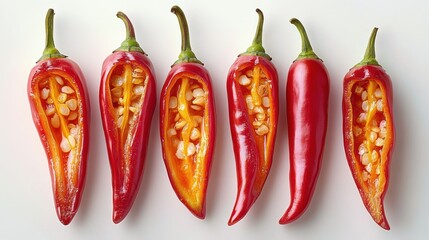 Six red chili peppers arranged in a row on a white background, most halved revealing glossy seeds and bright orange interior, fresh vibrant spicy mood
