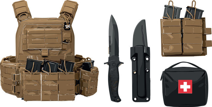 Military Tactical Vest and Equipment Vector Set Featuring Body Armor, Ammo Pouches, Combat Knife, Magazine Holders and First Aid Medical Kit in Flat Style
