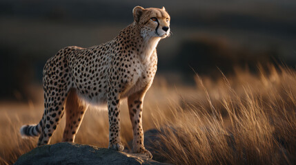 Obraz premium Cheetah standing on rock in savanna with alert gaze and warm light