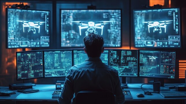 person seated at a workstation surrounded by multiple monitors showing drone images, code and telemetry in a dim blue control room, focused and alert