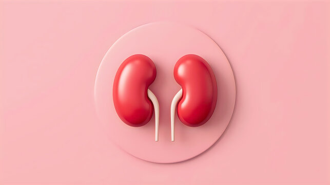 3D glossy kidney illustration with smooth curves and connecting ureters on pastel pink background