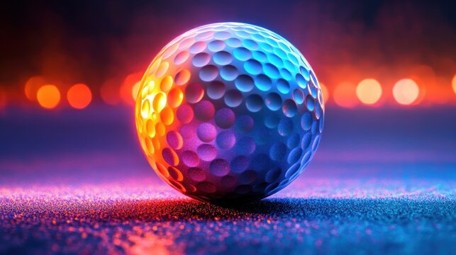 close-up of a dimpled golf ball on a textured surface lit by vibrant neon blue, purple and orange lights with glowing bokeh and a futuristic energetic mood