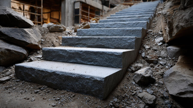 Stone staircase rough rock construction site outdoor stair carved stone gray stone ascending path unfinished stair rocky terrain hard surface path leading line quarry stone building material