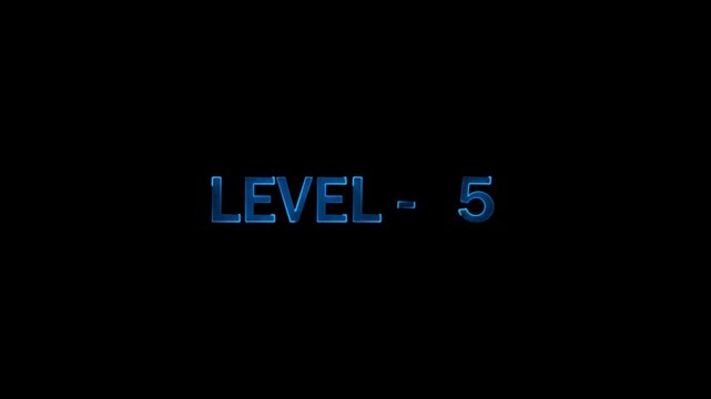 Level five digital holographic icy blue text flickering smoothly over a black background screen intro transition effect design