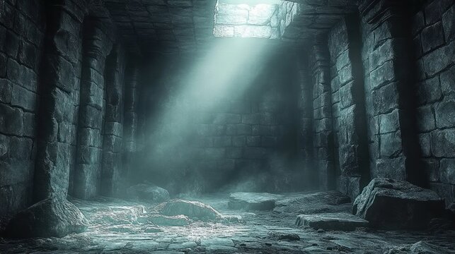 Abandoned stone crypt with columns and broken floor lit by a single shaft of light, dust-filled air and scattered rubble, eerie and silent atmosphere