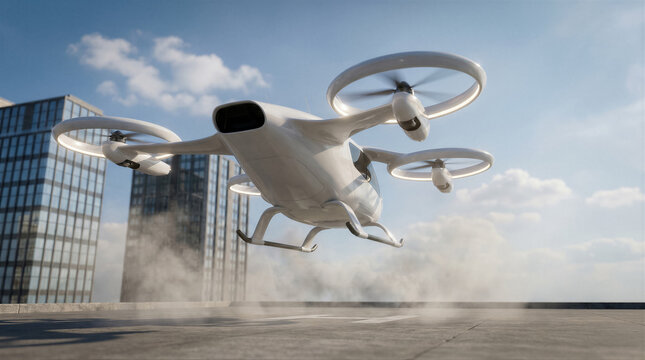 Futuristic electric vertical takeoff and landing evtol air taxi flying above a city helipad with dust and motion blur