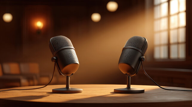Warm studio microphone podcast microphone wooden table soft light blurred background recording studio audio equipment brown room pair microphone warm tone empty stage conversation setup speech
