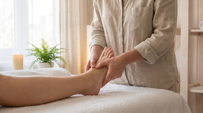 Professional therapist giving a relaxing foot massage to a client in a bright spa or wellness center reflexology and body care spa