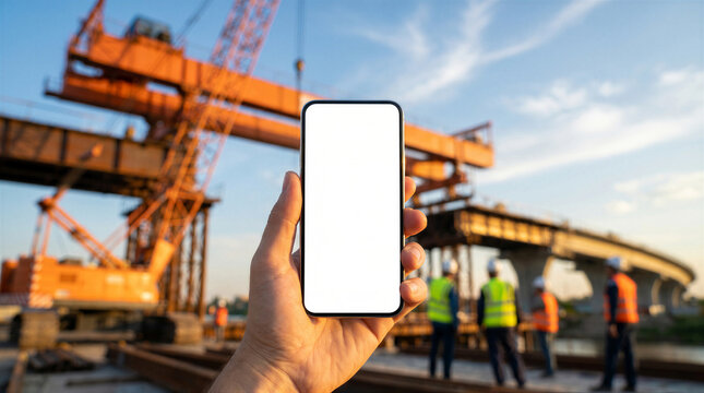 A person holding a smartphone with a blank white screen in front of a construction site with workers and heavy machinery at sunset