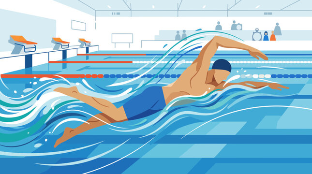 Man swimming freestyle stroke in a competition pool with lanes.