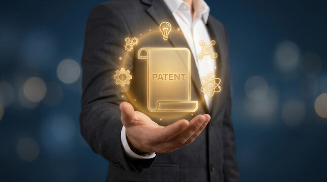 Businessman holding a glowing holographic patent document icon with innovation and technology symbols, representing intellectual property rights