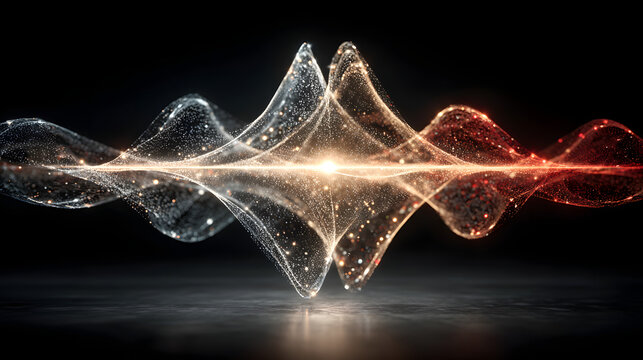 Abstract representation of quantum wave functions and particle oscillation with glowing light peaks. Concept of quantum physics and frequency.