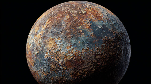 Photorealistic surface of a rocky planet with craters, iron deposits, and barren landscape. Realistic planetary texture for space exploration.