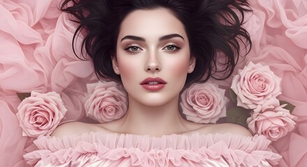 Fototapeta premium Beautiful young woman with dark hair lying among pink roses and soft fabric