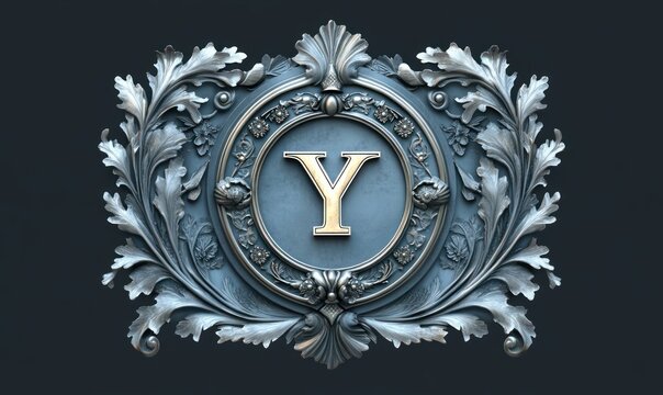 Ornate metallic medallion with a gold-rimmed letter Y surrounded by baroque acanthus leaves and floral scrollwork, evoking regal elegance and timeless grandeur