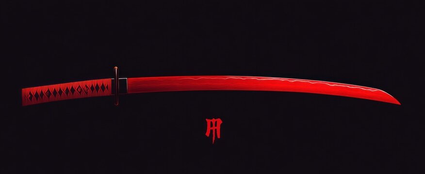 Sleek red katana with wrapped handle, tsuba guard and subtle hamon on a black background with a small red emblem below, evoking ominous and elegant intensity