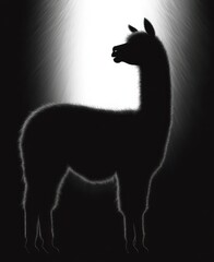 Fototapeta premium backlit fluffy llama silhouette standing in a dramatic vertical beam of light, serene and mysterious