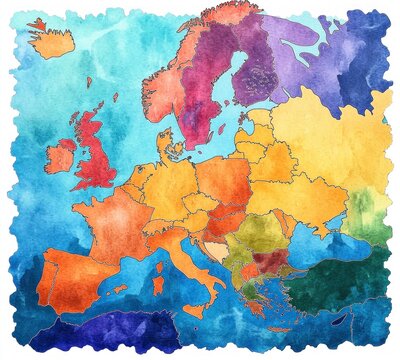 vibrant watercolor map of europe showing multicolored countries, hand-painted borders, textured oceans and irregular painted edges conveying a cheerful artistic mood