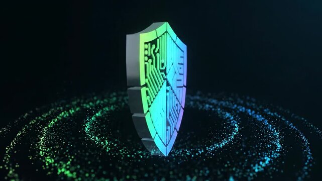 A shield with a circuit board design and a gradient of green, blue, and purple colors on a dark background with neon-like swirling patterns