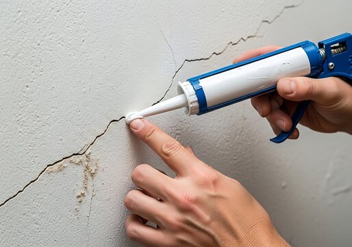 Hands using a caulking gun to repair a crack in a white wall