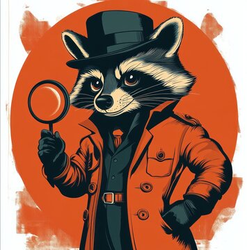 Confident anthropomorphic raccoon detective in a trench coat and hat holding a magnifying glass against a bold orange backdrop, sly and curious expression