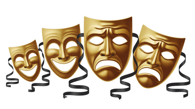 Set of six golden comedy and tragedy masks with confetti and celebration decorations Vector