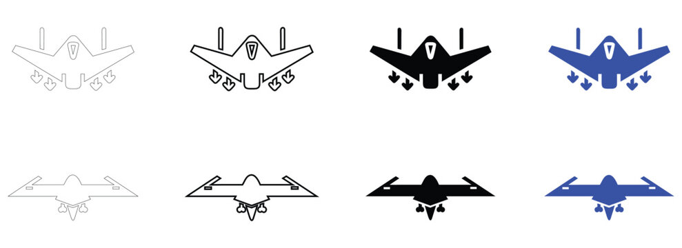 Stealth bomber vector icon, fighter jet military aircraft vector, silhouette and line art illustration
