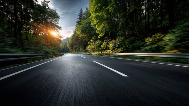 Forest road curved asphalt road motion blur sunlit forest empty highway green trees scenic landscape travel route