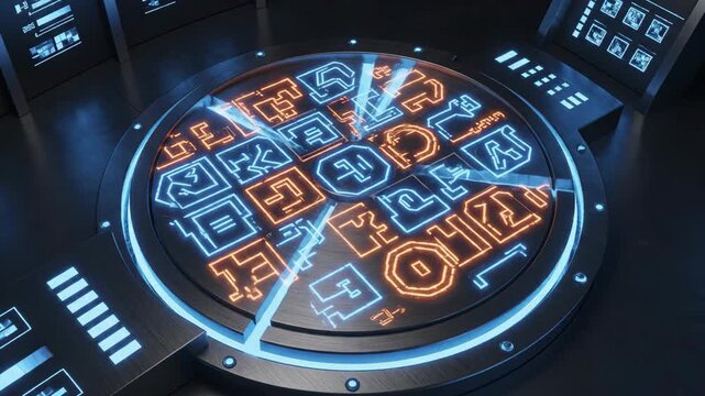A futuristic control panel with a circular interface displaying orange and blue words