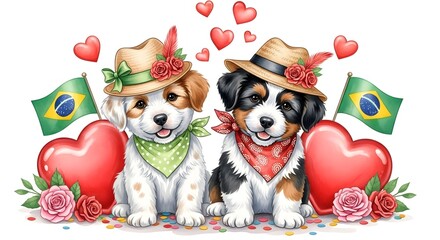 Fototapeta premium Cute puppies wearing hats with brazilian flags and hearts