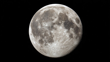 Fototapeta premium High resolution full moon isolated on black background showing detailed craters and lunar surface. Realistic astronomical photography style.