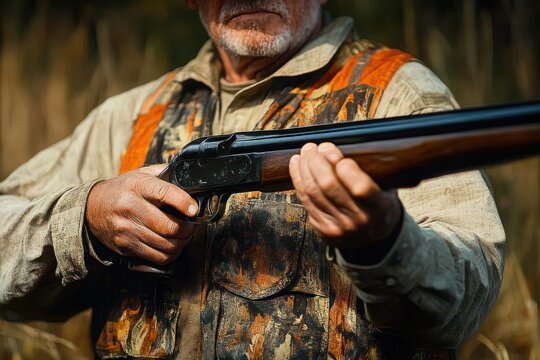 Mature bearded hunter in orange camouflage vest holding a double-barrel shotgun in tall grass, focused and determined