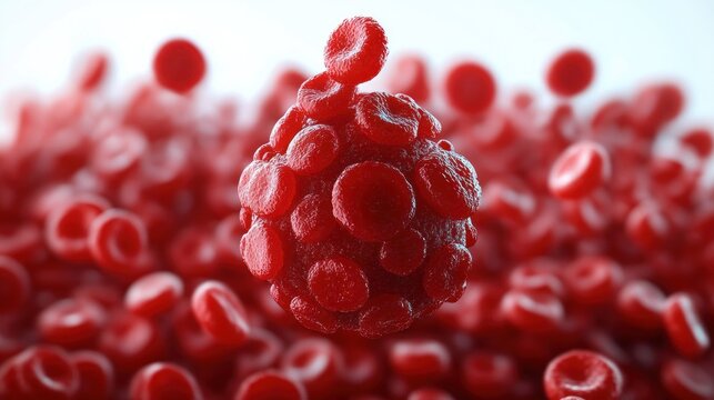 dramatic close-up of a spherical cluster of red blood cells surrounded by floating erythrocytes, vivid and intense microscopic scene