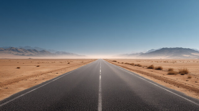 Empty desert highway stretching to horizon under clear blue sky with distant mountains