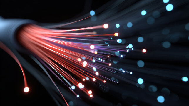 Close up fiber optic cable glowing light dark background abstract data transmission technology