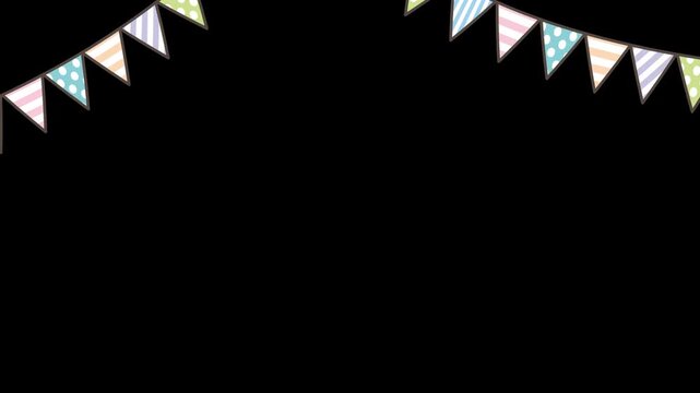 Bunting Drop Animation Top Frame Horizontal with Alpha Channel, Hanging Flags Bounce and Settle, Party Decoration