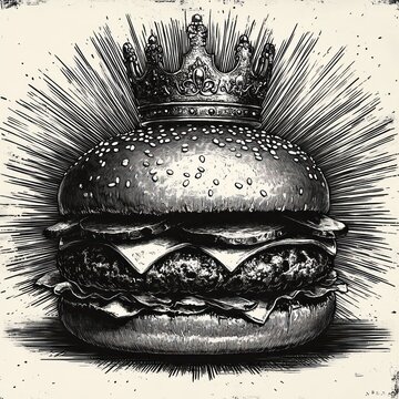 ink engraving of a double cheeseburger with sesame bun crowned by an ornate crown and radiating lines, evoking playful regal indulgence
