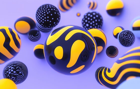 Playful cluster of floating black and yellow patterned spheres and wavy blobs with dots and stripes, featuring a central glossy orb with organic yellow markings on a soft purple background