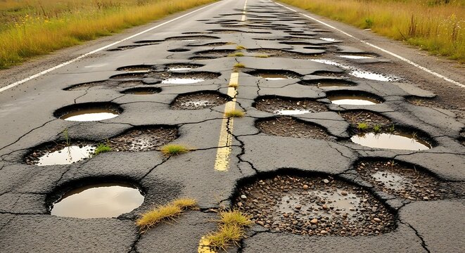 Old rural asphalt road heavily damaged with numerous deep potholes and cracks