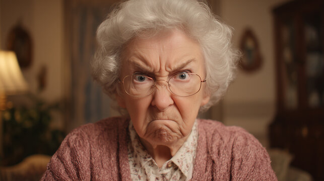 Angry elderly woman staring at camera with stern expression in cozy home interior
