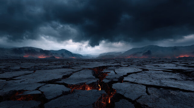 Dark volcanic landscape with cracked lava plain and dramatic storm cloud sky, glowing magma beneath fractured ground, eerie apocalyptic scene