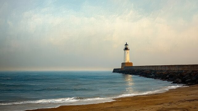 Solitary lighthouse on a rocky pier beside a sandy beach with gentle waves and a pastel sky, evoking tranquil calm